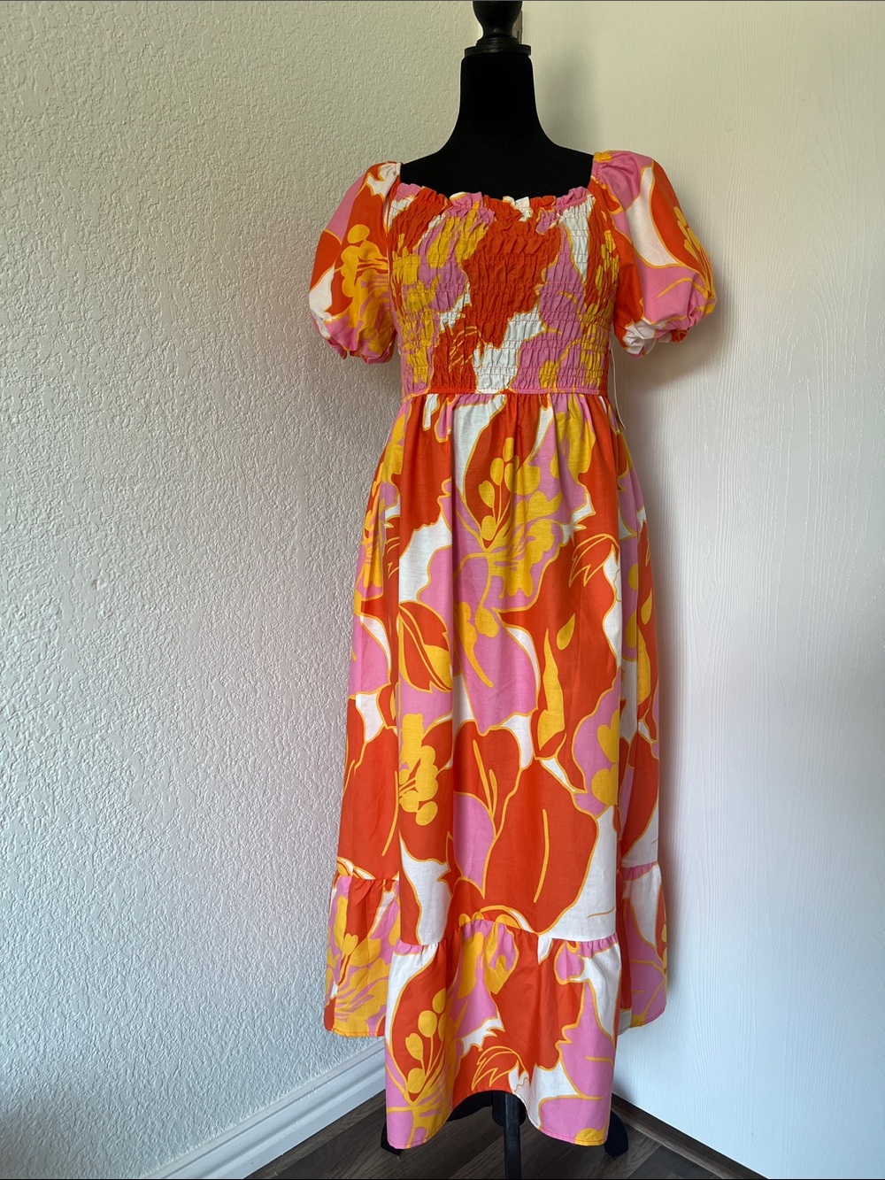 Ana & Rose Bright Floral Off-Shoulder Maxi Dress in Orange and Pink